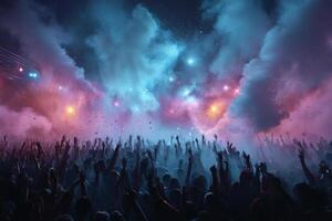 A crowd of people at a concert with smoke and lights photo