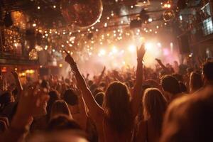 A crowd of people at a nightclub with their hands up photo