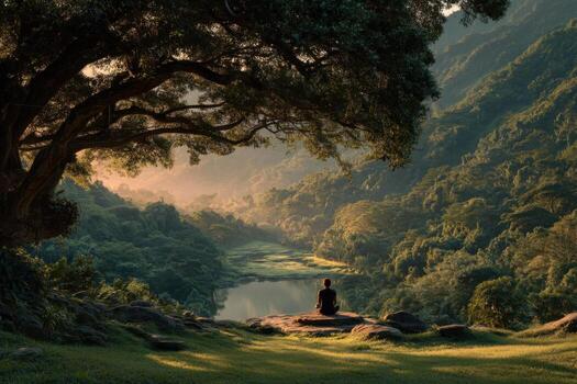 A man sits under a tree in the middle of a forest photo