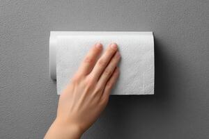 A person's hand is holding a roll of toilet paper photo