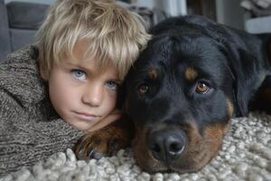 A young boy laying on the floor next to a dog photo