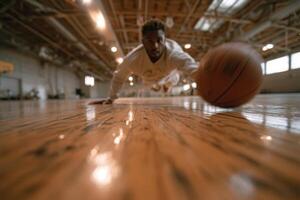 A man is laying on the floor with a basketball photo