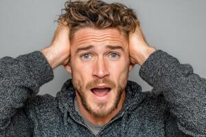 A man with his hands on his head and a shocked expression photo