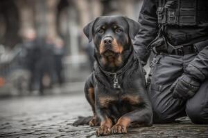 A police dog sitting on the ground next to a man photo