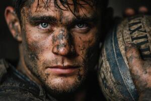 A man with mud on his face holding a rugby ball photo