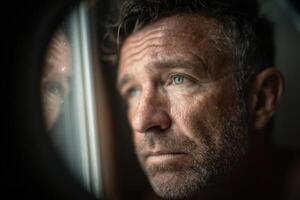 A man looks out the window of a plane photo