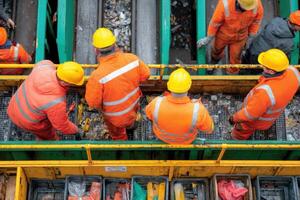 Workers in orange overalls are working on a conveyor belt photo