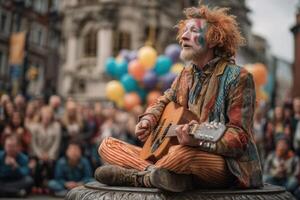 A man dressed as a clown sits on a bench playing an acoustic guitar photo