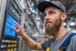 A man with a beard and hat is working on a computer photo