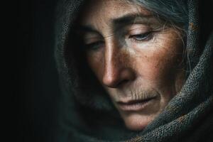 An old woman with a scarf on her head photo