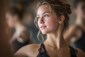 A young woman in a dance class looking at the mirror photo
