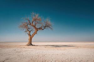 A lone tree stands in the middle of a dry desert photo