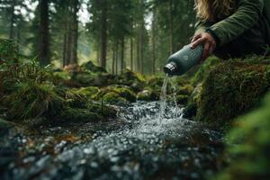 A person pouring water from a water bottle into a stream photo