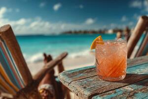 A drink on a wooden table with a beach in the background photo