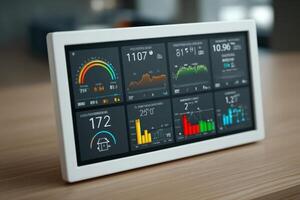 A monitor displaying various data on a table photo