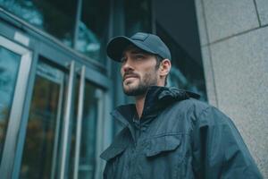A man in a black jacket and hat standing outside photo