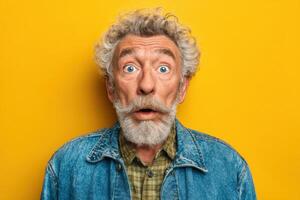 An old man with a beard and a blue shirt is looking surprised photo