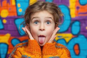 A young girl sticking out her tongue in front of a graffiti wall photo