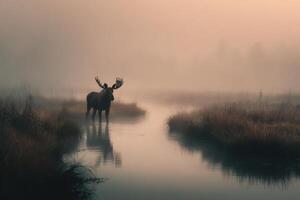 A moose standing in a river with fog photo