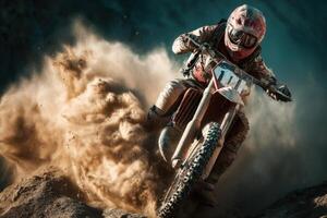 A person riding a dirt bike on a dirt road photo
