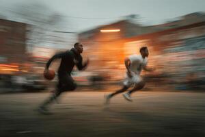 Two men playing basketball in a city street photo