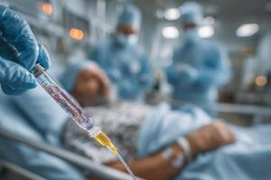 A person in a hospital bed with an injection photo