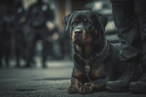 A dog sitting on the ground with a police officer in the background photo