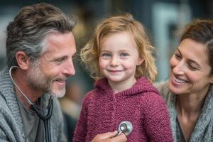 A man and woman with a little girl holding a stethoscope photo