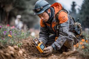 A man in an orange jacket and helmet is using a handheld device photo