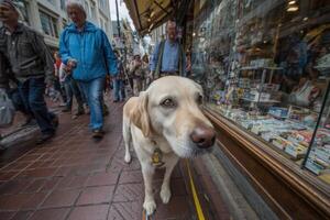 A dog is standing in front of a store window photo