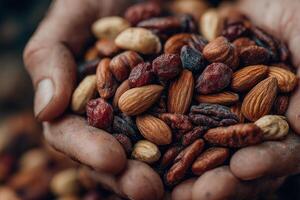A person holding a handful of nuts and dried fruits photo