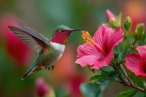 A hummingbird is hovering near a pink flower photo