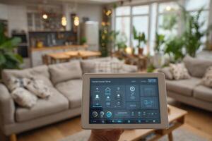 A person holding a tablet in front of a living room with a smart home system photo