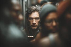 A man is looking at his phone while on a subway photo