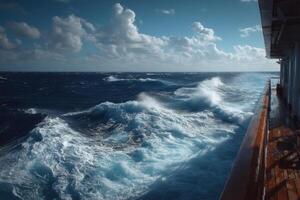 The ocean is seen from the deck of a ship photo