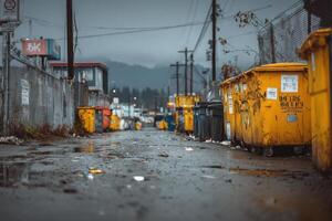 Garbage bins in a city street with a wet street photo