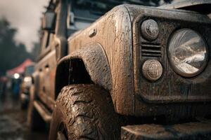 A close up of a muddy land rover photo