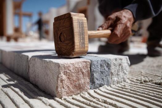 A man is using a hammer to build a brick block photo
