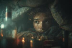 A young man is hiding under a blanket in a dark room photo