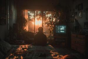 A man sitting in a bedroom watching the sunset photo