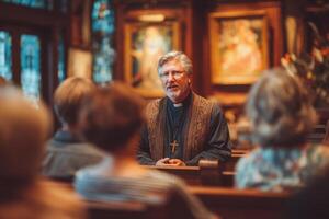 A priest is speaking to a group of people in a church photo