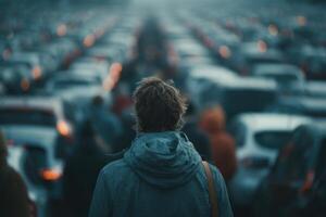 A man standing in a crowd of cars photo