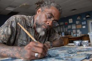 A man with dreadlocks and glasses is painting on a canvas photo