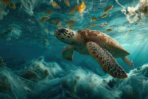 A turtle swimming in the ocean surrounded by plastic photo
