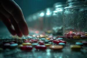 A person reaching into a jar of pills photo