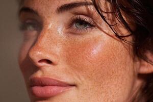 A woman with freckled skin and brown eyes photo
