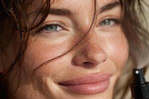 A woman with a black eye is smiling photo