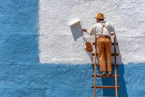 A man painting a wall with a ladder photo