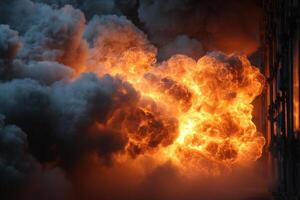A large explosion is seen in the background photo