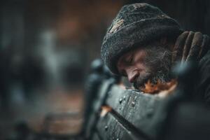 A homeless man is sleeping on a bench photo